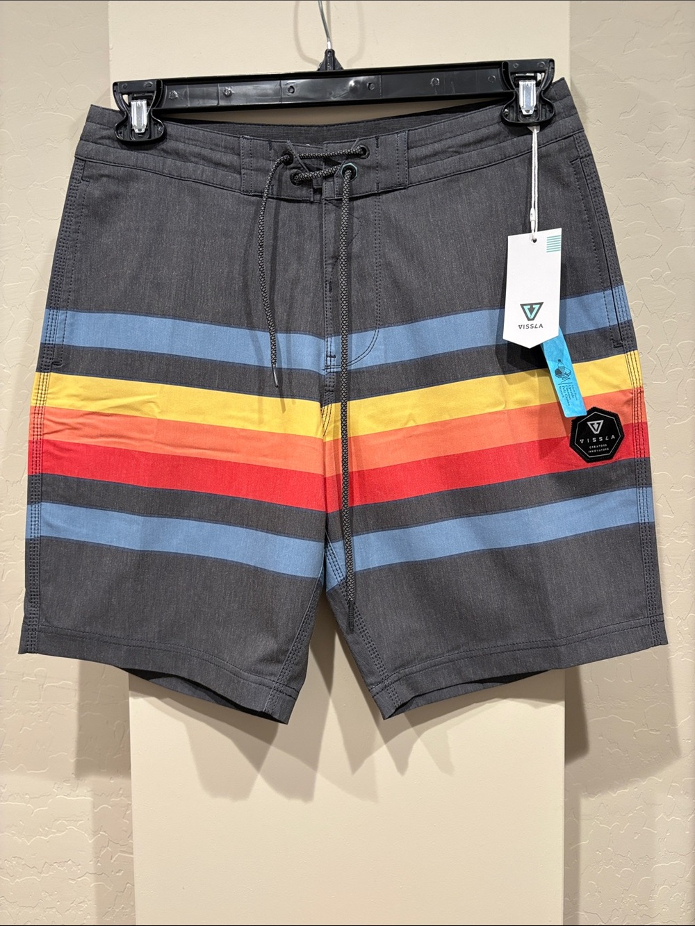 VISSLA Men’s Charcoal Swim Shorts with Blue, Yellow & Red Stripes - Picture 1 of 3